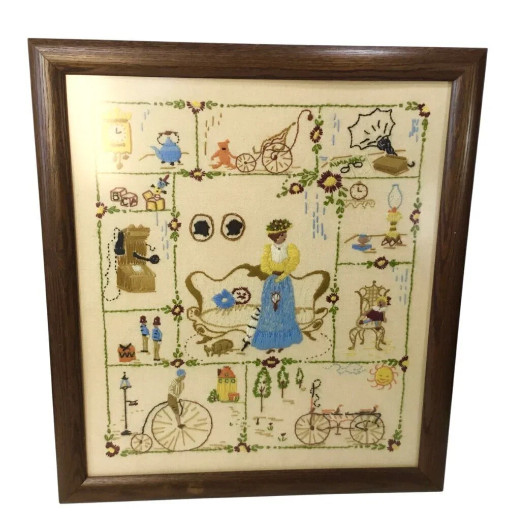 Vtg Finished Framed Crewel Embroidery Spinnerin Nostalgia 326 Elaine Thompson